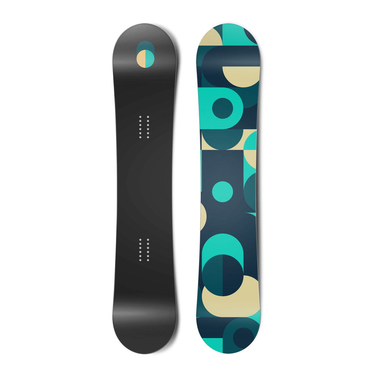 Top and bottom view of a snowboard. The top view shows a toggle at the top in shades of blue and
        yellow. The bottom view shows an abstract illustration of toggles in blues and yellows. vue 1