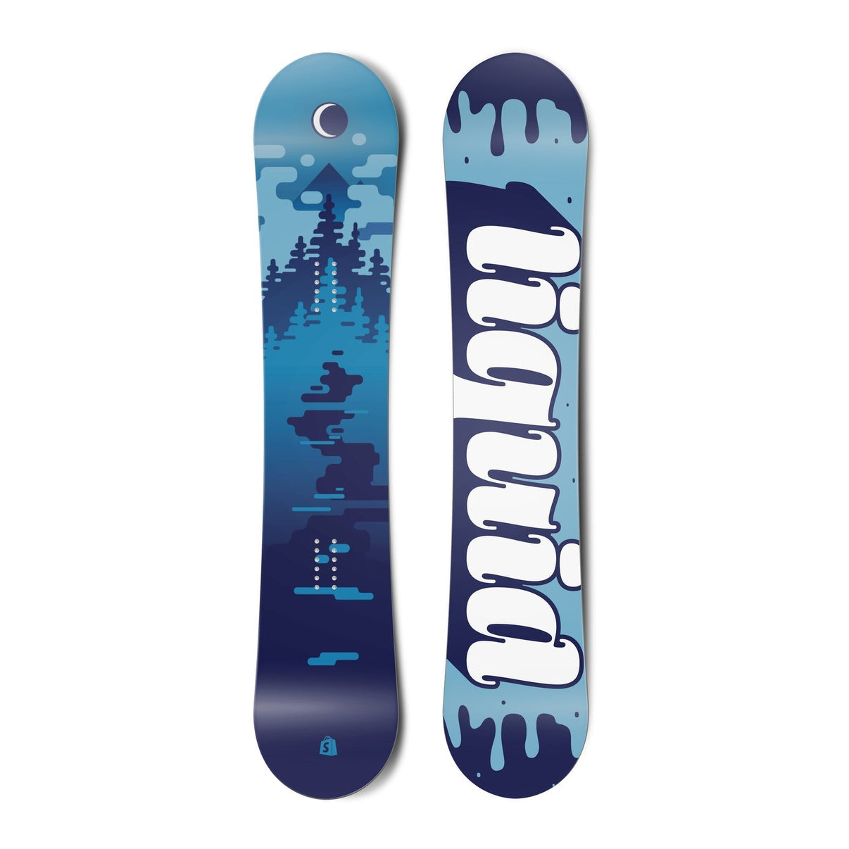 Top and bottom view of a snowboard. The top view shows a stylized scene of water, trees, mountains,
        sky and a moon in blue colours. The bottom view has a blue liquid, drippy background with the text “liquid” in
        a stylized script typeface. vue 1