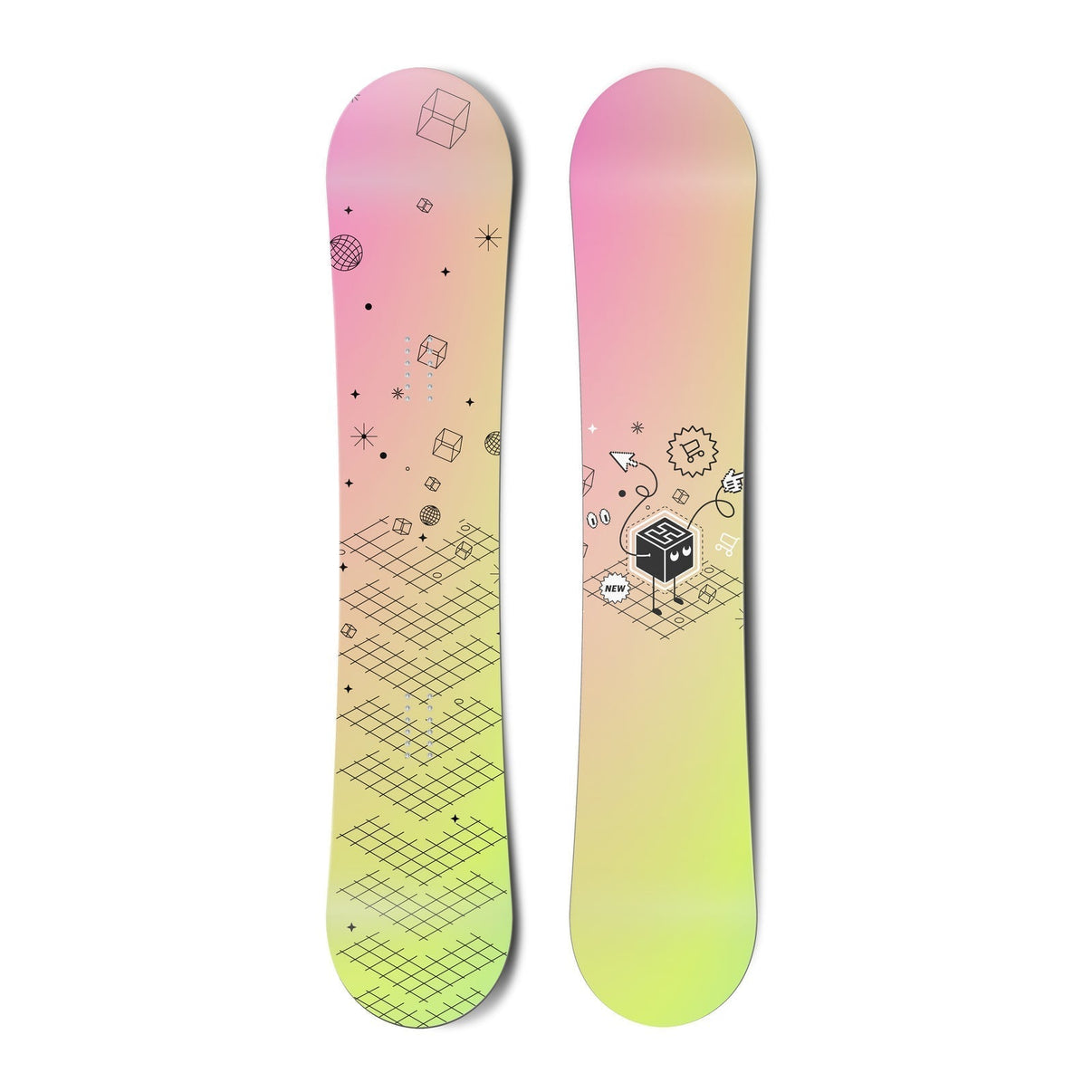 Top and bottom view of a snowboard. The top view shows an illustration with varied outlined shapes
          in black. The bottom view shows a black box character with an H pointing, and surrounded by black outlined
          illustrative elements. vue 1