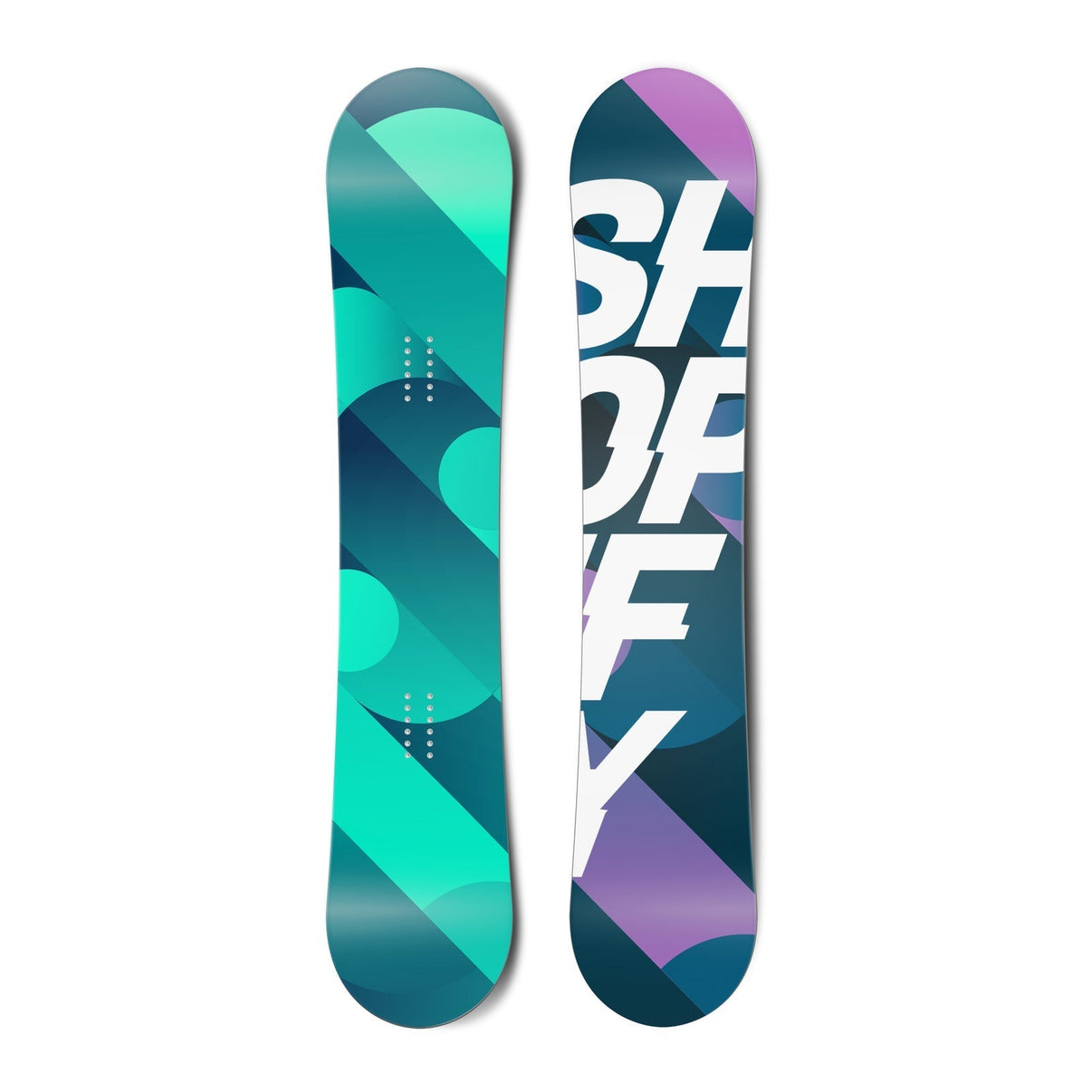 Top and bottom view of a snowboard. The top view shows abstract circles and lines in shades of teal.
          The bottom view shows abstract circles and lines in shades of purple and blue with the text “SHOPIFY” in a
          sans serif typeface on top. vue 1