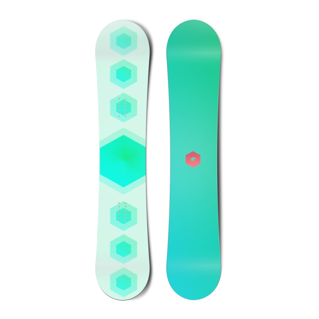 Top and bottom view of a snowboard. The top view shows 7 stacked hexagons and the bottom view shows
          a small, centred hexagonal logo for Hydrogen. vue 1