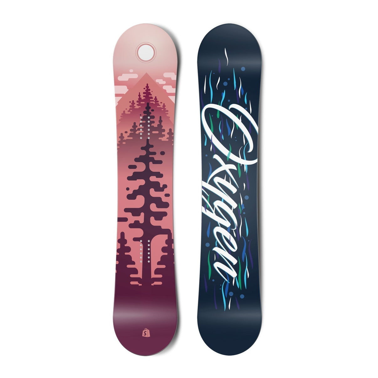 Top and bottom view of a snowboard. The top view shows a stylized scene of trees, mountains, sky and
        a sun in red colours. The bottom view has blue wavy lines in the background with the text “Oxygen” in a
        stylized script typeface. vue 1