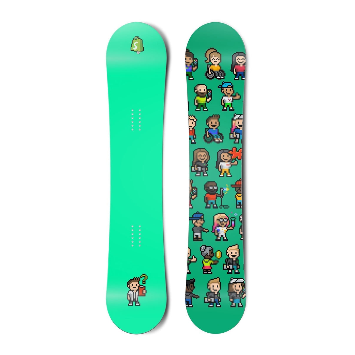 Top and bottom view of a snowboard. The top view shows a pixelated Shopify bag logo and a pixelated
          character reviewing a clipboard with a questioning expression with a bright green-blue background. The bottom
          view is a pattern of many pixel characters with a bright green-blue background. vue 1