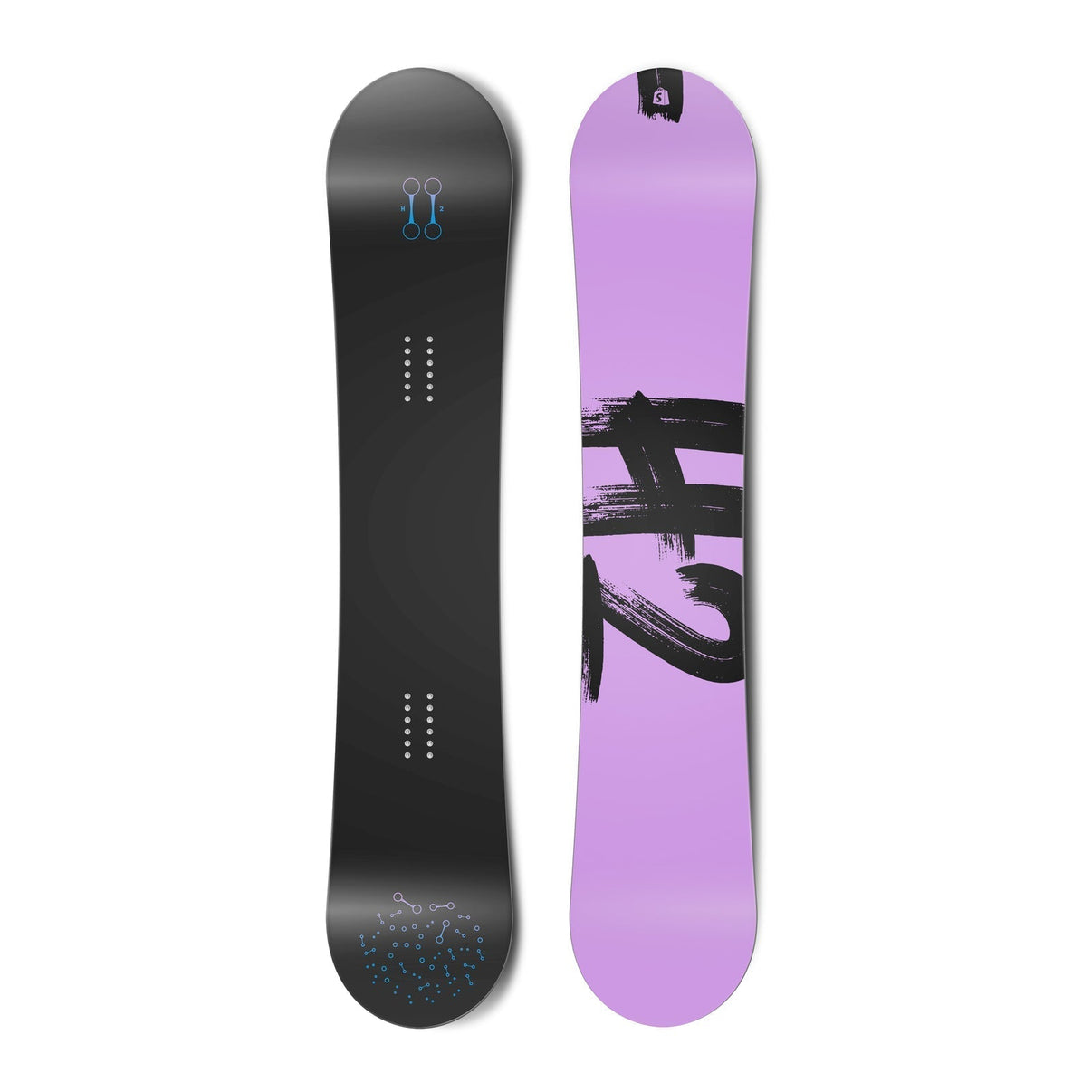 Top and bottom view of a snowboard. The top view shows stylized hydrogen bonds and the bottom view
        shows “H2” in a brush script typeface. vue 1