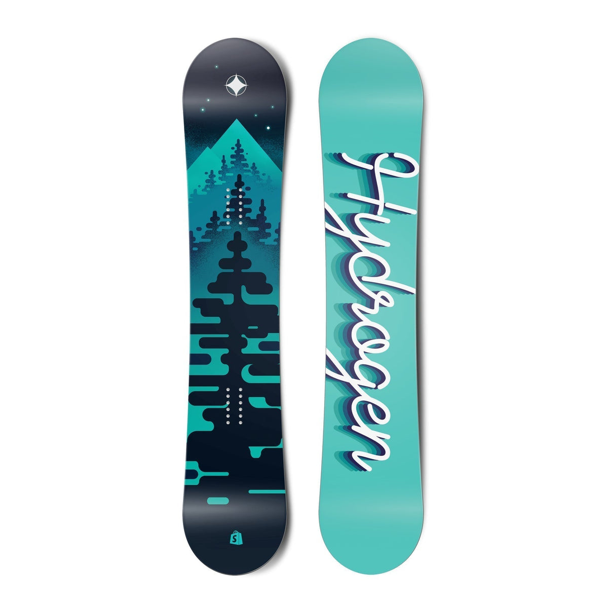 The top and bottom view of a snowboard. The top has view is turquoise and black with graphics of
        trees. The bottom view is turquoise with the word hydrogen written in cursive. vue 2