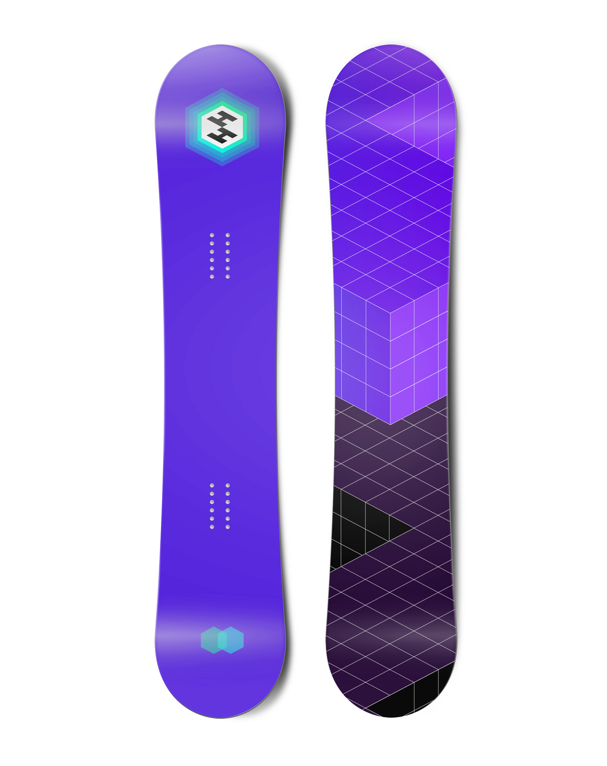 Top and bottom view of a snowboard. The top view shows a centred hexagonal logo for Hydrogen that
          appears to radiate outwards, as well as some overlapping hexagons at the bottom. The bottom view shows an
          abstract angular grid in purples. vue 1