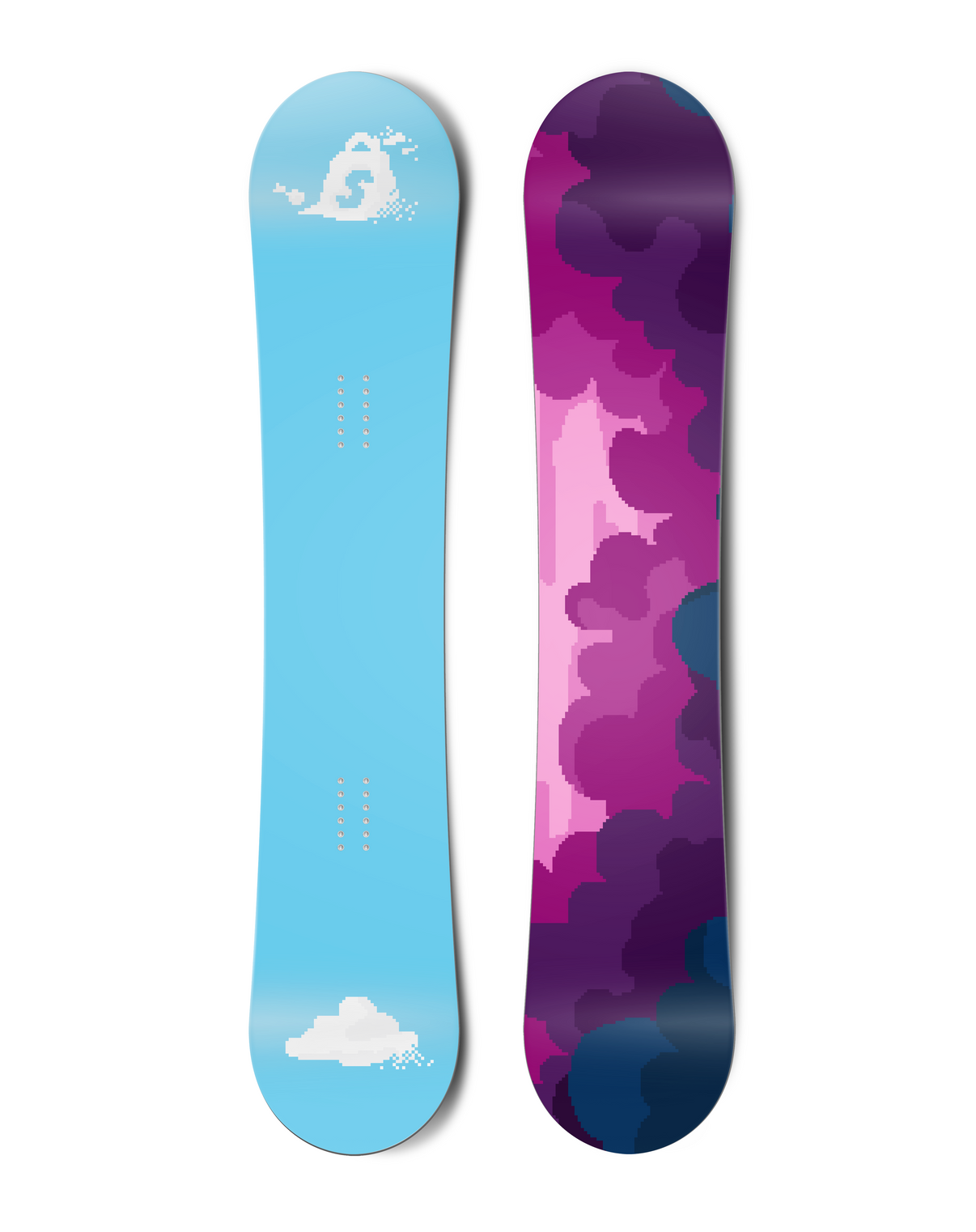 Top and bottom view of a snowboard. The top view shows pixelated clouds, with the top-most one being
        the shape of the Shopify bag logo. The bottom view has a pixelated cloudy sky with blue, pink and purple
        colours. vue 1